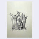 Illustration on of a small robot creature holding a chainsaw and standing in front of tree with upside down underwear.