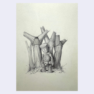 Illustration on of a small robot creature holding a chainsaw and standing in front of tree with upside down underwear.