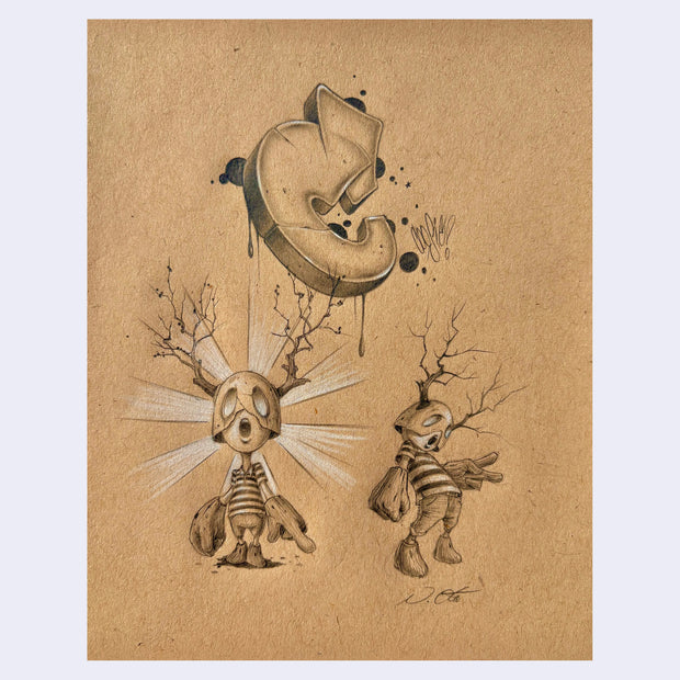 Sketches on tan paper of 2 small stylized boys with eggs atop their heads and a giant "C" in the middle of the piece in graffiti style.