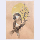Illustration on tan paper of a bird perched on a tree with textured bark and small sprouts, It has a large green moon behind it.