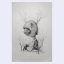 Pencil illustration of a bird with a large head, sitting with an egg shell atop its head and branches as antlers.