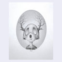 Graphite drawing of a boy with a wide open mouth and an egg shell atop his head, covering his eyes but with its own large eye holes. He has antlers made of branches.