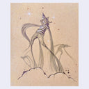 Pencil illustration on tan paper of a character with tall, wispy ghostly limbs walking over some clouds.