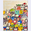 A colorful artwork featuring a dense, whimsical crowd of cartoon characters in various expressions and colors, set against a textured beige background.