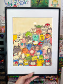 A colorful artwork featuring a dense, whimsical crowd of cartoon characters in various expressions and colors, set against a textured beige background.