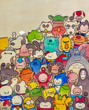 A colorful artwork featuring a dense, whimsical crowd of cartoon characters in various expressions and colors, set against a textured beige background.