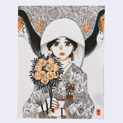 Grey, black and light orange marker drawing of a girl in a patterned kimono and a hook holding a bouquet of faces. Behind her stand 2 tall white robed figures with long black hair and red masks.  