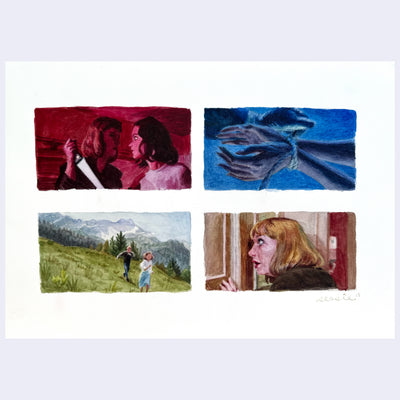 Painting based on a film still from Opera, 4 thumbnails on one piece of paper of various scenes.