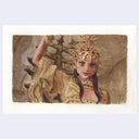 Painting of a woman in an ornate headpiece, looking down at the viewer with a serious, scary expression holding an item over her head possible for striking down with.