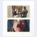 Painting based on a film still from Shivers - 2 thumbnails on one piece of paper. The first is of a dead girl in an elevator with scared people and the 2nd is of a girl with eyes rolled back and a bloody open mouth.