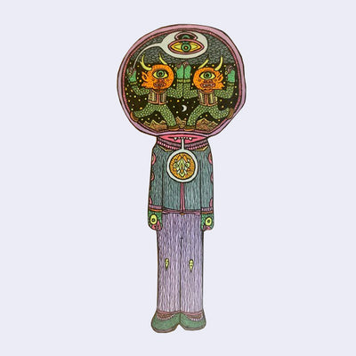 Die cut wooden sculpture of a person wearing all knit clothes with a circular orb covering its face. 2 small orange monsters dance and face each other.