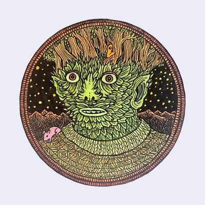 Portrait style painting on a circular panel of a tree monster, with leaves for a face and trees growing atop its head. It wears a knit sweater and has a small pink mouse on its shoulder.