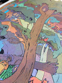 Colorful illustration of a forest scene with various animals and characters.