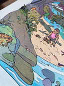 Colorful illustration of a forest scene with various animals and characters.