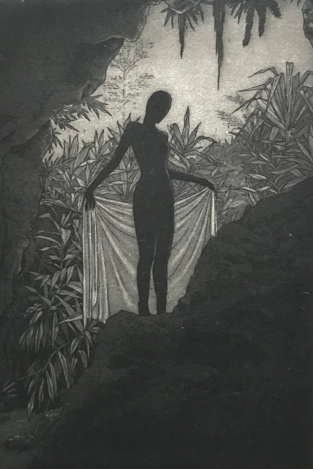 Greyscale etching, of the silhouette of a nude woman holding a semi sheer sheet behind her. She is viewed from the inside of a cave, with many plants behind her.