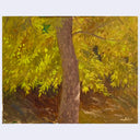 An oil painting of a tree with vibrant yellow-green autumn foliage and a textured brown trunk, presented on a light gray background.