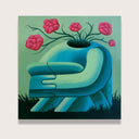Artistic depiction of a blue vase shaped like a person's headless body, kneeling on the ground with their knees pulled into their chest and hands locked together.  Out grow pink flowers on a light green background.