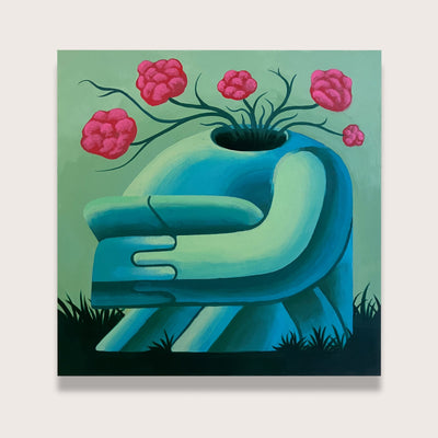 Artistic depiction of a blue vase shaped like a person's headless body, kneeling on the ground with their knees pulled into their chest and hands locked together.  Out grow pink flowers on a light green background.
