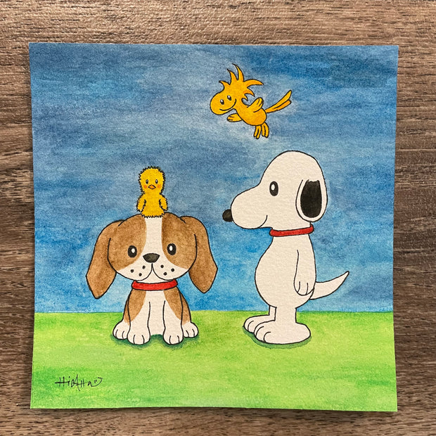 Watercolor painting of of a beagle sitting with a chick sitting atop its head. Standing next to them is Snoopy, who smiles and Woodstock flies behind him.