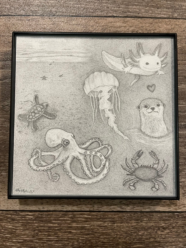 Graphite drawing of many cartoonish underwater creatures, such as: octopus, turtle, jellyfish, axolotl, otter and crab.