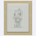 Pencil line art illustration with subtle, muted watercoloring of a girl standing with short hair and straight bangs and wearing blue shorts and suspenders. Atop her head are many puppies, of varying sizes.