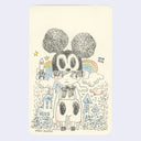 Ink illustration of a small girl dressed in a Mickey Mouse hat in front of Cinderella's castle.