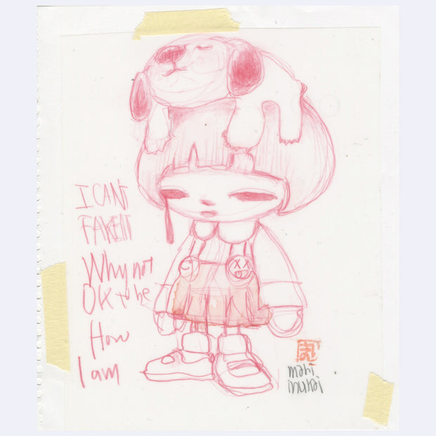 Colored pencil sketch of a girl wearing overall dress with a dog resting atop her head.