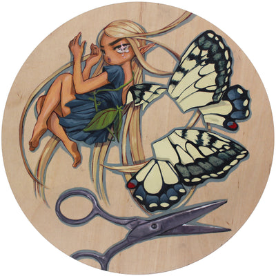 Painting on exposed wooden circle panel of a tan cartoon style girl with long blonde hair. She's curled up on the ground. Large butterfly wings on her back are snipped off, done by a nearby pair of large scissors.