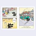 Illustrated book excerpt with a wolf, rabbits, and a tram on a light purple background