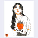 Illustration of a woman with long black hair, a pink flushed face and freckles. She leans over slightly and has her mouth barely ajar. She wears a white baggy t-shirt with a strawberry on it.