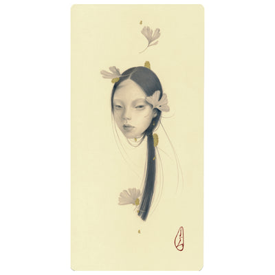 Softly rendered graphite illustration on cream colored paper of a girl, with a long ponytail. Gingko leaves fall around her head.