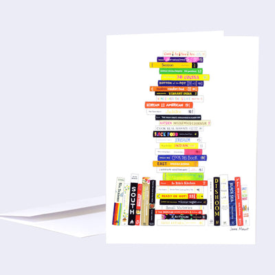 White greeting card with an illustration of lined up books and some piled on top, featuring many popular contemporary cookbooks such as: Japanese Soul Cooking, Cook As You Are, Salt Fat Acid Heat, etc.