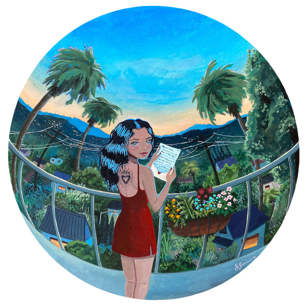 Painting on circular panel of a tan girl with large blue eyes. She wears a red dress and looks back over her shoulders, holding a love letter coming out of its envelope. She stands on a balcony over a very lushly vegetated city at sundown. There is a fish eye perspective with the piece, tall palm trees curving inwards overhead and the balcony curving up and out.
