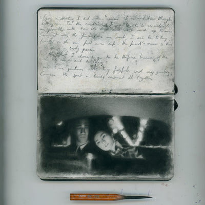 Charcoal illustration of a film still from In the mood for love, of a woman and a man sitting in the backseat of a car - she rests her head on his shoulder.