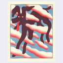 A stylized art print featuring a dark brown dog silhouette with a red tongue, surrounded by layered cream and coral abstract shapes on a light blue background, bordered by a cream margin.
