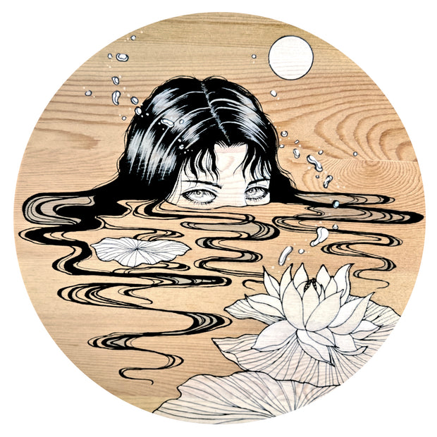 Illustration on a circular wood panel of a woman, half submerged in water with wisps of hair floating atop the water. Lily pads and flowers float atop.