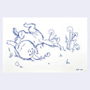 Blue ink illustration of a cartoon dog, rolling around in the grass with flowers around it.