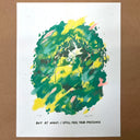 Risograph print of a girl sleeping in bed, with a white dog floating overhead, surrounded by green, yellow, and pink brushstrokes, with the text 'BUT AT NIGHT, I STILL FEEL YOUR PRESENCE.' at the bottom, displayed on a brown kraft paper background.