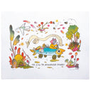 Colorful illustrated risograph print of a cat dressed as a babooshka, riding in a fish shaped car with olives for wheels. She holds a very long to do list and looks surprised. Around are plants, trees and nature themes.