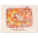 Risograph print in orange and pink of a girl laying in a bedroom with a cute dog laying atop of her, licking her face. Text below reads "Although small, you were the biggest joy in my life"