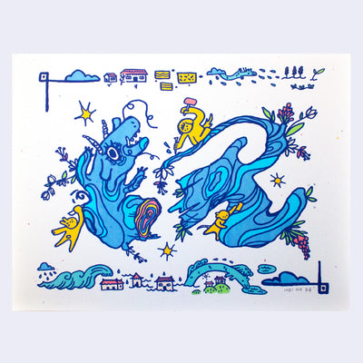 Drawing of a dragon made out of blue wood, it is cut in half revealing a rainbow ringed stump. A small person sits atop one of its branches that bloom flowers and input a nail. Piece is bordered with small doodles of houses and flowers.
