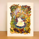 Colorful risograph print of a small, ghostly creature walking though a very colorful forest and holding up a budding stemmed flower.