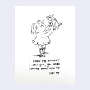 Black ink drawing on white paper of a girl holding up a dog with text below.