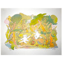 Risograph print of 2 characters - akin to dogs, sitting in a forest  and sharing an abundant basket of fruit and vegetables.