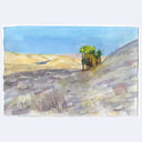 A watercolor landscape painting featuring a desert scene with rolling hills in shades of beige, blue sky, and a small cluster of green trees on a hillside.