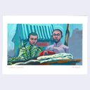 Painting of a film still of Farewell My Concubine of 2 boys looking at a pile of folded clothes.