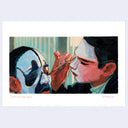 Artistic depiction of a person applying makeup with a brush, set against a neutral background.