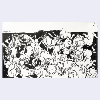Drawing of many bunnies, slightly melting into one another. Background is colored in black partially.