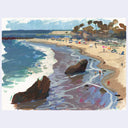 An impressionistic painting of a coastal beach scene with blue ocean waves, sandy shore, rocks, trees, and small beachgoers, shown against a light gray background.