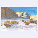 A watercolor landscape painting of a desert canyon scene, featuring a bright blue sky, tan and brown rock formations, and a snowy foreground with sparse shrubs, presented on a light gray background.